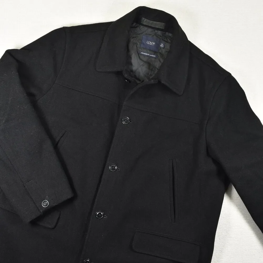 J.Crew University Jacket Mens XL Black Wool Blend Quilted Insulated Car Coat Vtg